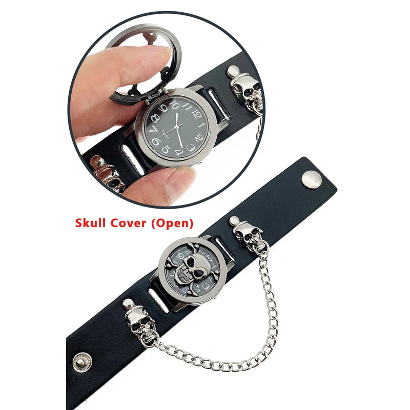 Classic Flip Design Punk Skull Men's Wrist Watch Stainless Skull Chain Elements Cool Fashion for Cosplay Lovers Watches