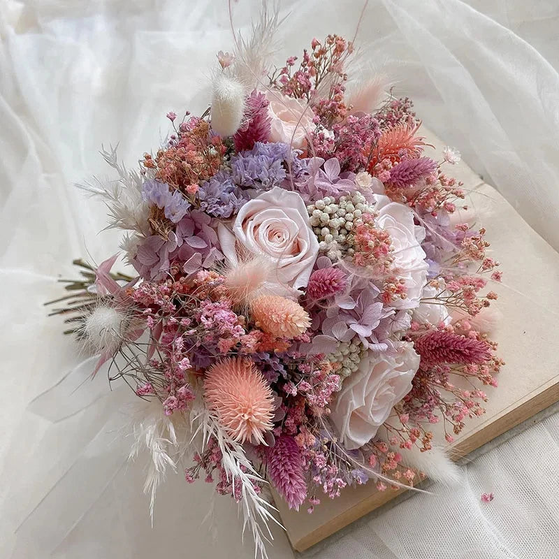 Natural Baby'sBreath Eternal Rose Wedding Bridal Bouquet Bridal Bridesmaid Hand Flowers Wedding Engagement Valentines Day Decor