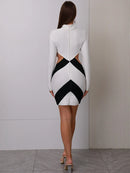 Women Sexy Long Sleeve Patchwork Black White Tie Cut Out Mini Bandage Dress 2023 Elegant Christmas Evening Club Party Dress