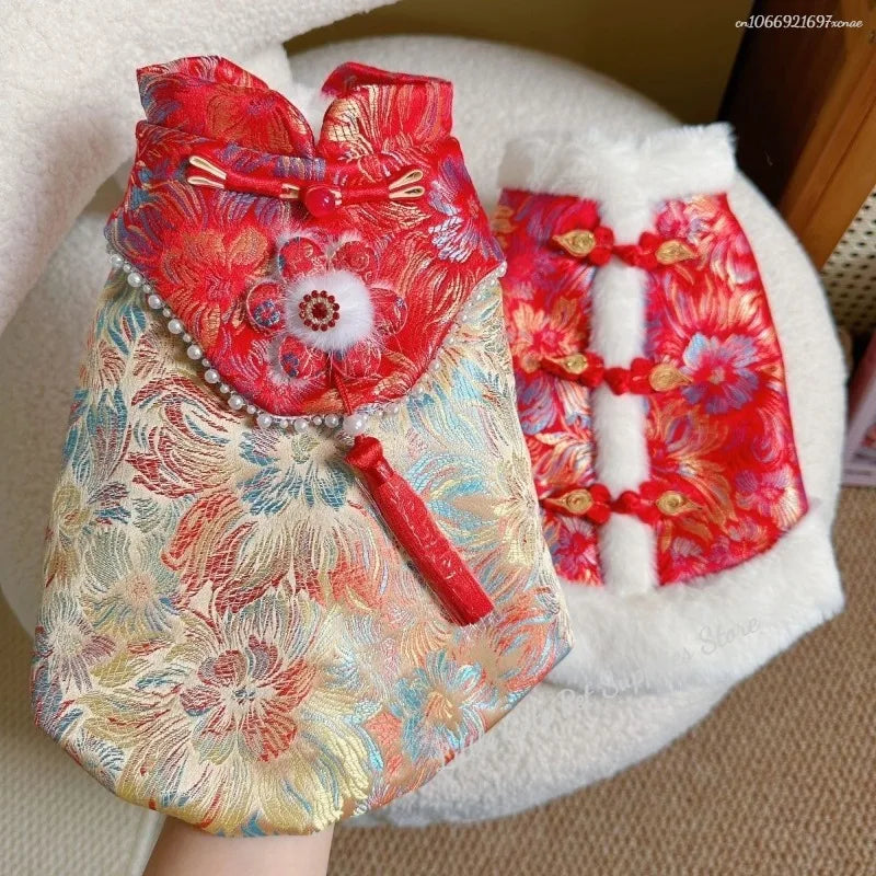 New Winter Warm Dog Jacket Pet Puppy Chinese Styles Embroidery Clothes New Year Costume Jackets Chinoiserie New Year Dog Clothes