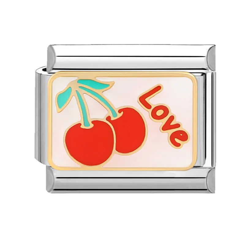 Sweet Red Cherry Bow Knot Heart Pendant Cherry Italian Charm Links Fit 9mm Stainless Steel Bracelet Women Jewelry DIY Making