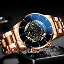 Luxury Hollow Out Men's Watches Fashion Business Calendar Blue Stainless Steel Mesh Belt Analog Quartz Watch Relogio Masculino