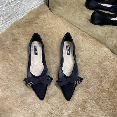 حذاء باليه مسطح مدبب بفيونكة للنساء، حذاء نسائي ربيع 2022، حذاء وصيفة العروس جديد متعدد الاستخدامات بنعل ناعم، مقاس كبير 46