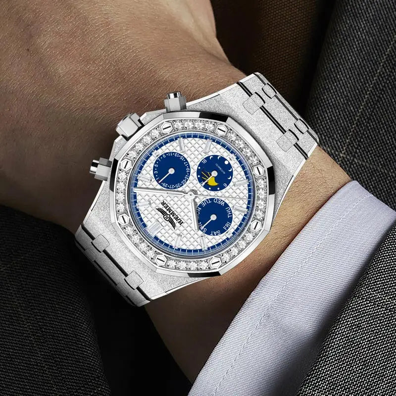 HAEMMER high-end design multifunctional men's watch stainless steel silver diamond face fashionable men's watch waterproof 30ATM