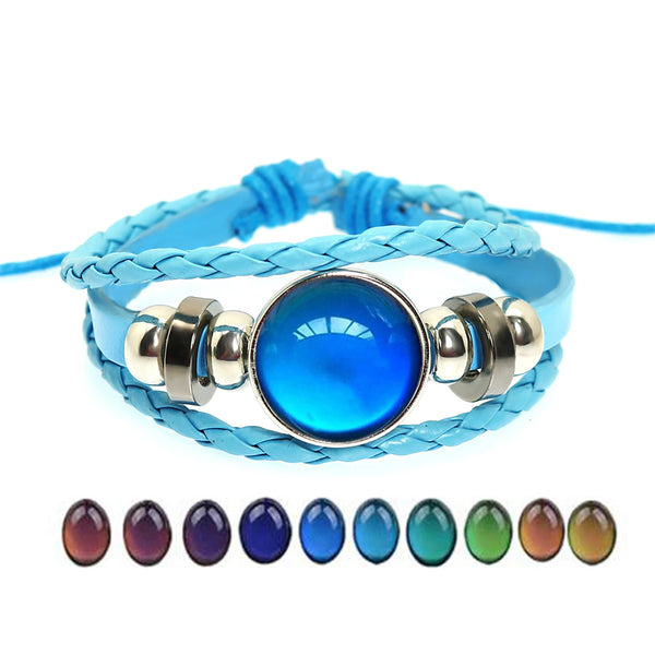 Trendy Temperature Change Color Mood Weave Rope Leather Bracelet Smart Discolor Button Bangles Jewelry for Women Men Kids Gift