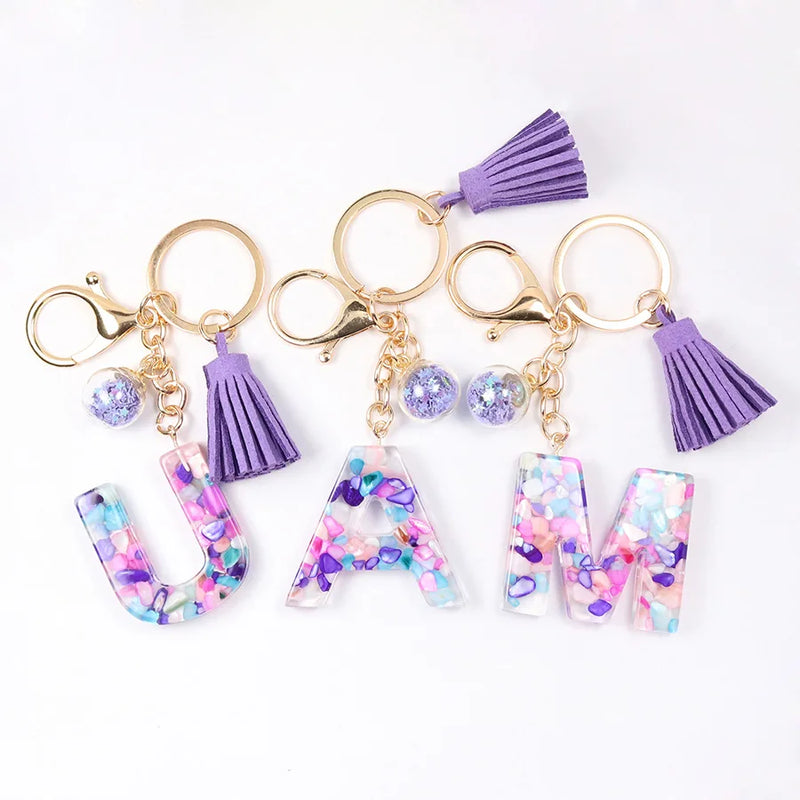 Women ew Crystal Epoxy Tassel Keychain Pendant Girl Heart English Capital Letter Stone Key K5158