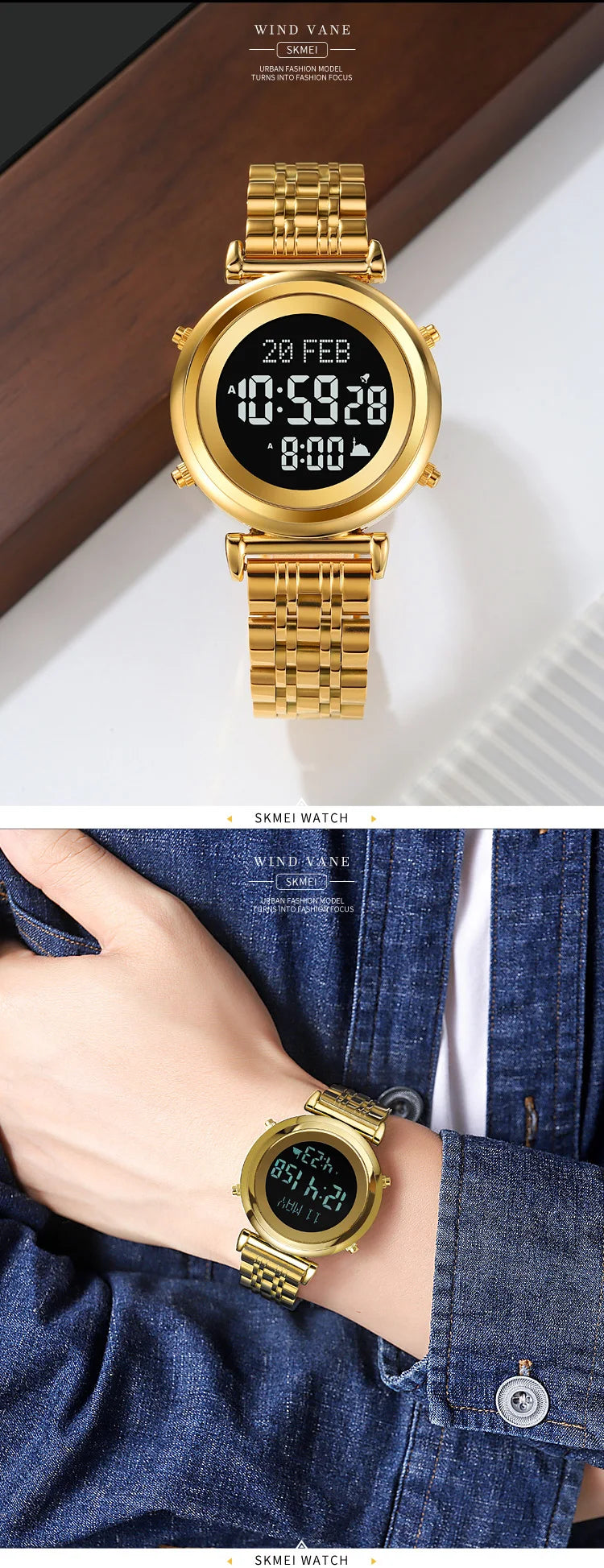 SKMEI 2139 Steel Muslim Azan Digital Watch Mens Back Light Waterproof  Wristwatch Prayer Qibla Compass Alarm Clock watch 1861