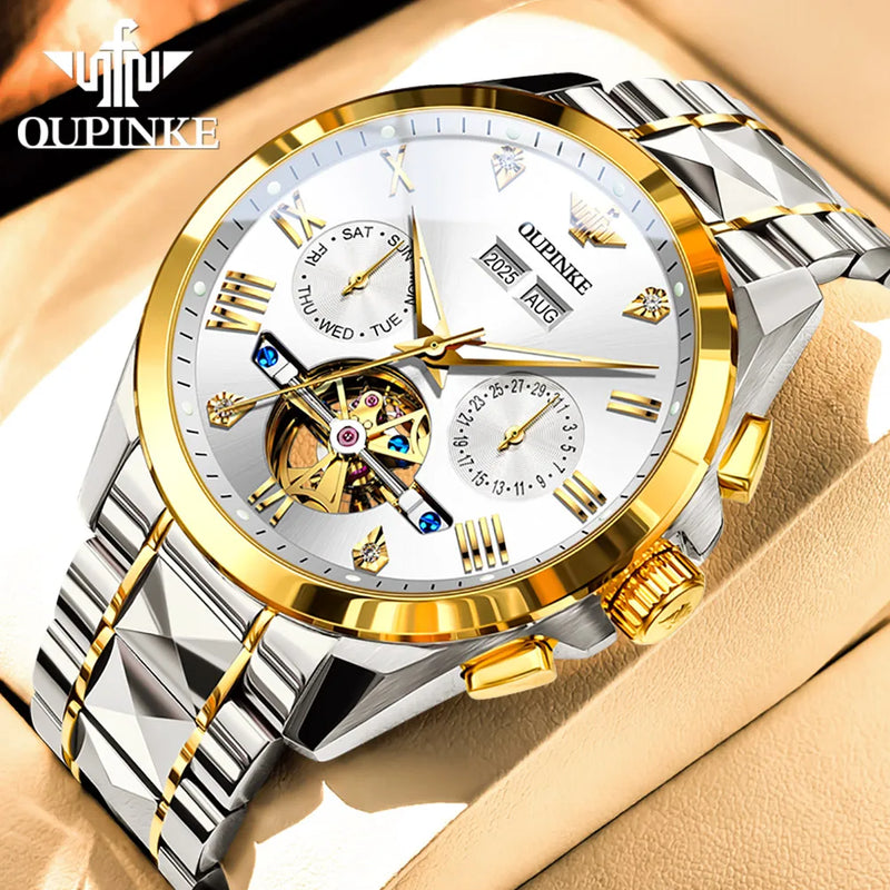 OUPINKE 3240 Automatic Watches Men 44mm Large Dial Tungsten Steel Strap Skeleton Flywheel Mechanical Watch for Men Luxury Watch