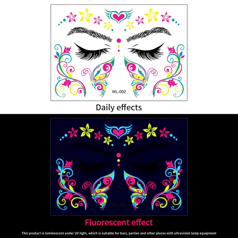 1Pc UV Neon Butterfly Flower Face Tattoo Stickers 14*15cm Waterproof Fluorescent Body Sticker for Club Party Makeup Face Sticker