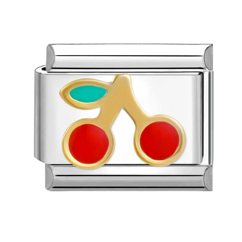 Sweet Red Cherry Bow Knot Heart Pendant Cherry Italian Charm Links Fit 9mm Stainless Steel Bracelet Women Jewelry DIY Making