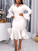 Aomei Elegant Bodycon Slim Party Dress V Neck Hollow Out Long Sleeve Bowtie African Female Wedding Guest Evening Occasion Gowns