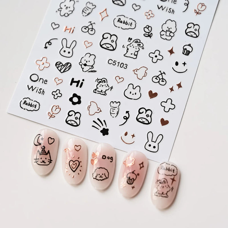 Laser Silver 3D Kawaii Cute Cat Nail Stickers Holographic Cartoon Puppy Dog Graffiti Design Sliders Decals Manicure Decoration