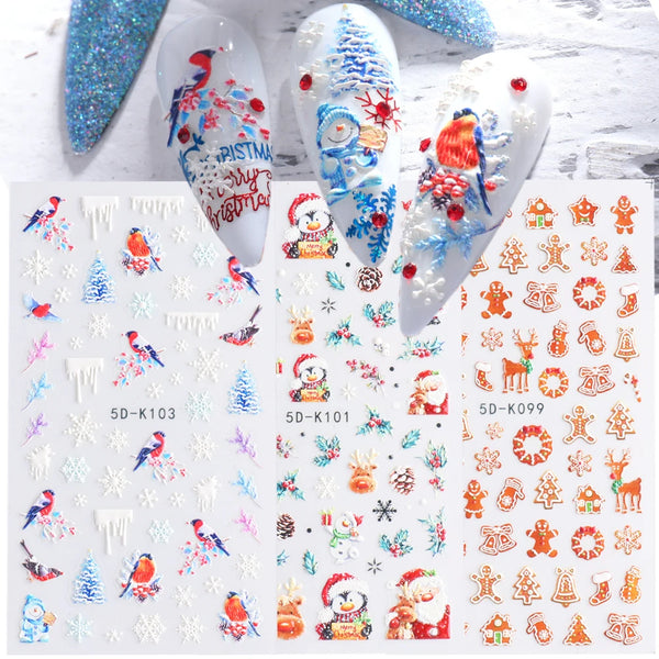 5D Nail Sticker Christmas Nail Art Snow Bird Gingerbread Man Design Santa Cartoon Sliders Winter White Decals Wrap FB5DK098-103