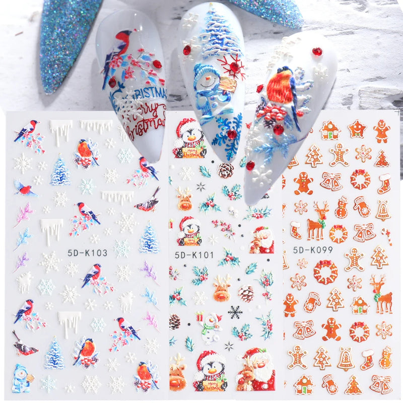 5D Nail Sticker Christmas Nail Art Snow Bird Gingerbread Man Design Santa Cartoon Sliders Winter White Decals Wrap FB5DK098-103