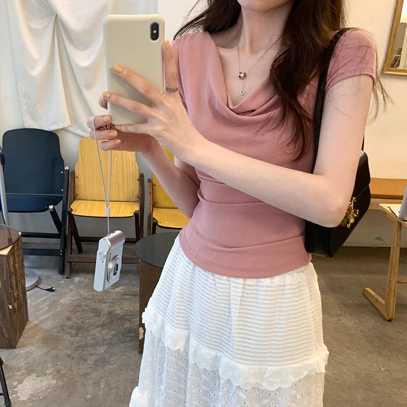 New Sexy Sheathy V-neck Short Sleeve T-shirts Women 2024 Summer Fashion Slim Cropped Tops Woman Solid Casual Tees Tops