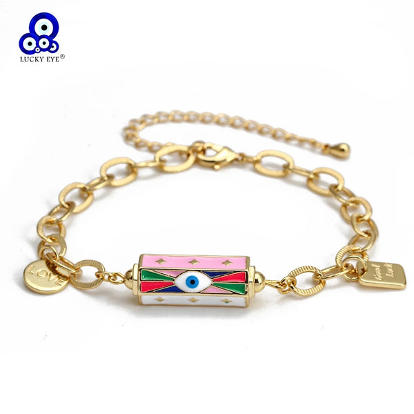Lucky Eye Cuban Link Chain Evil Eye Charm Enamel Bracelet Adjustable Round Pendant Bracelet for Women Girls Men Jewelry BT338