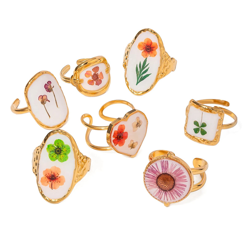 Light Cozy 18k Gold Plated Minimalist White Drip Oil Dried Flower Open End Ring Women Stainless Steel Statement Jewelry