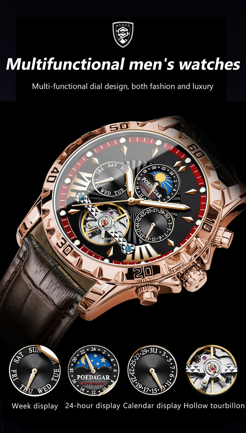 POEDAGAR Tourbillon Automatic Mechanical Wristwatch Waterproof Luminous Date Week Leather Men Watch Luxury Fashion Men's Watches