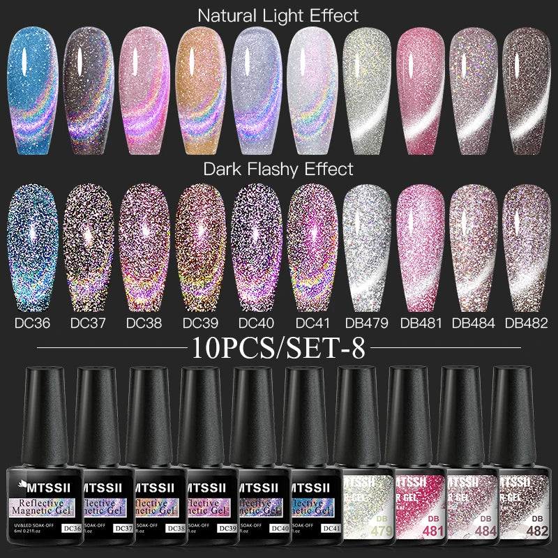 Mtssii 10PCS Reflective Gel Nail Polish Set Fluorescent Glitter Semi Permanent Hybrid Gel Varnish Soak Off UV Lamp For Manicure