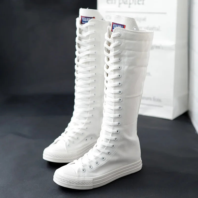High Top Women Canvas Shoes Lace Up Knee High Boots Flats Casual Vulcanized Shoes Sneakers  Comfortable Girls Canvas Long Boots