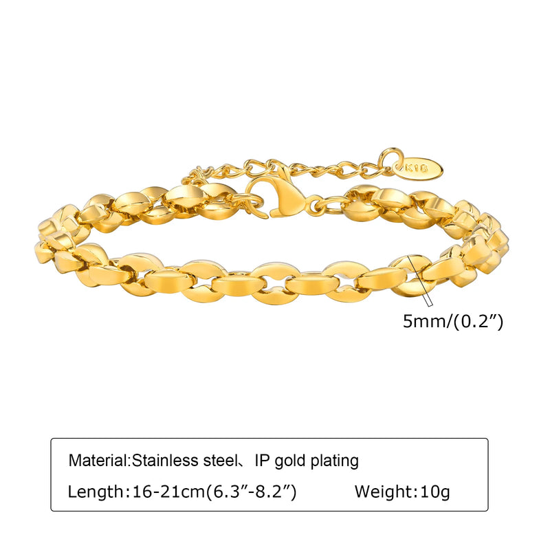 Simple Chain Bracelet for Women, 18k Gold Plated  Stainless Steel Link Adjustable