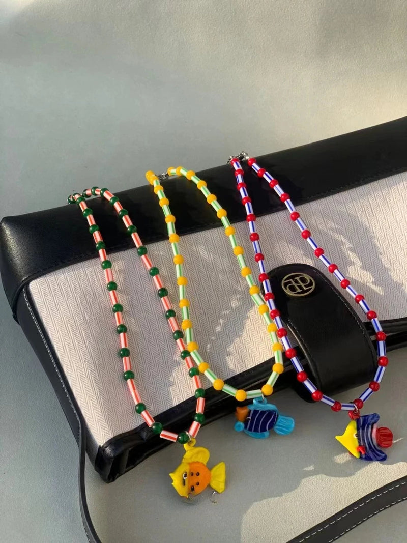 2022 Bohemian Simple Retro Little Yellow Duck Seven Star Ladybug Pearl Necklace Colorful Beaded Women Girls Party Jewelry