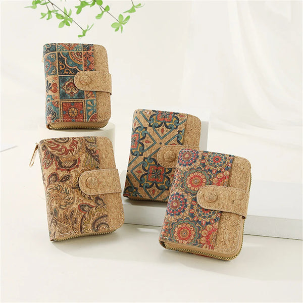 ISKYBOB Vintage Printed Cork Short Wallet for Men Women Wood Grain Multi-functional Card Holder Portable Zipper Coin Purses