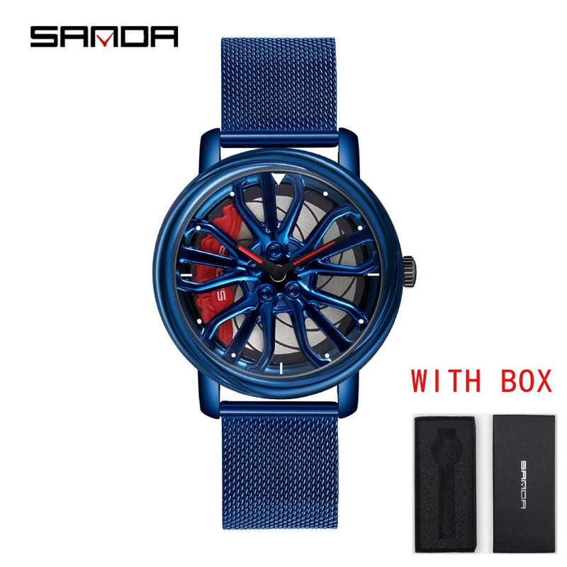 Hot Sell Fashion Men Quartz WristWatch Creative 360 Degree Rotating Car Wheel Quartz Watch Leather Waterproof Rim Hub Clock Men
