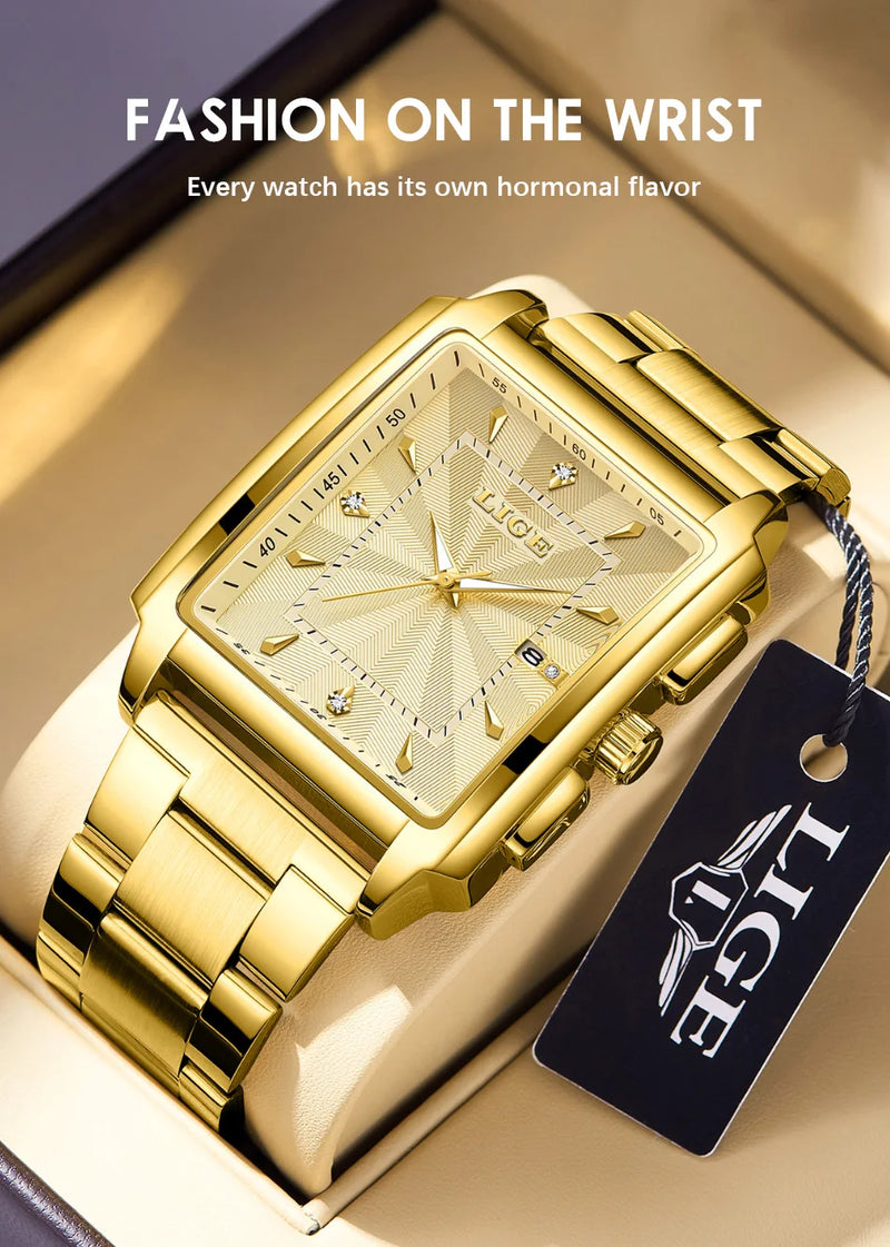 LIGE Gold Stainless Steel Men Watches Quartz Waterproof Luminous Male Clock Business Sport Mens Watch Luxury Calendar Man Watch