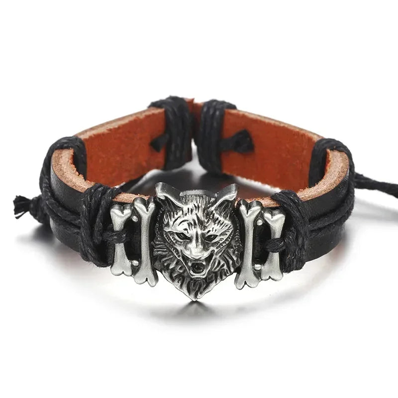 Wolf Alloy Wholesale Fashion Punk Bones bracelets Leather Bracelets Men Bracelets Chain Adjustable Rope Jewelry Charm