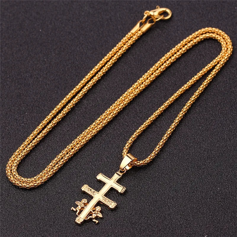 Catholic Caravaca Crucifix Orthodox Russian Cross Necklace Pendant With Cherub Angel Best Christian Necklace Jewelry Gifts