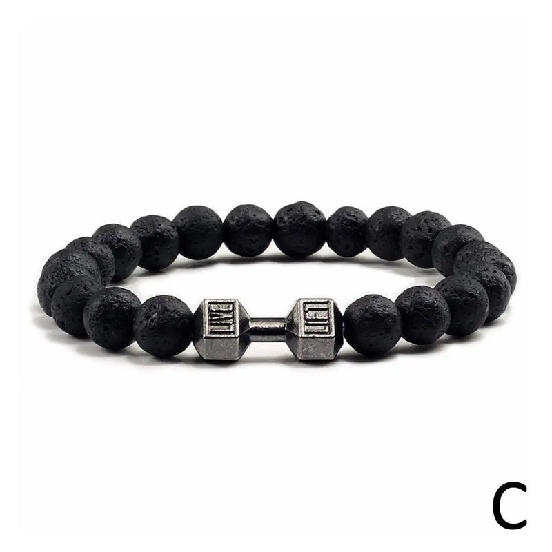 1Pcs Natural Stone Dumbbell Beaded Bracelet Black Beads Fitness Fit Life Prayer Bracelets Bangles Barbell Men Jewelry