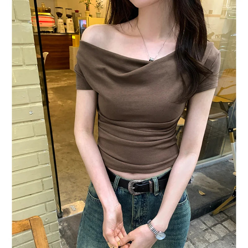 New Sexy Sheathy V-neck Short Sleeve T-shirts Women 2024 Summer Fashion Slim Cropped Tops Woman Solid Casual Tees Tops