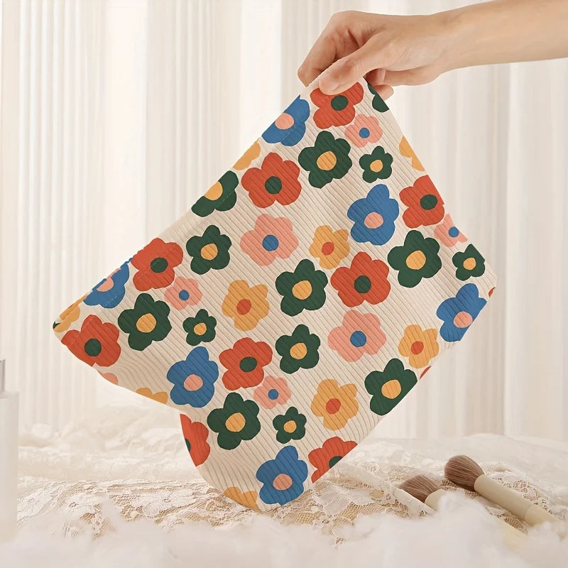 Minimally designed floral printed corduroy zipper makeup bag, lightweight and multifunctional cosmetic storage bag