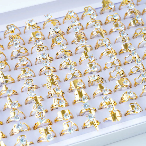 10Pcs/Lot Fashion Classic Rhinestone Stainless Steel Rings For Women Simple Shiny Colorful Finger Jewelry Wedding Party Gifts