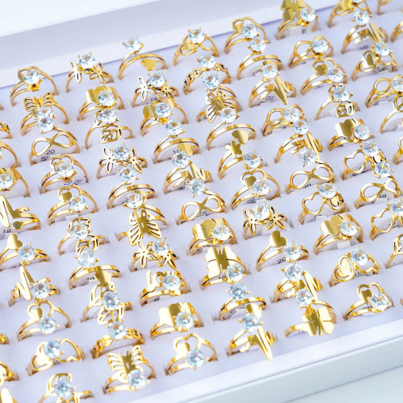 10Pcs/Lot Fashion Classic Rhinestone Stainless Steel Rings For Women Simple Shiny Colorful Finger Jewelry Wedding Party Gifts