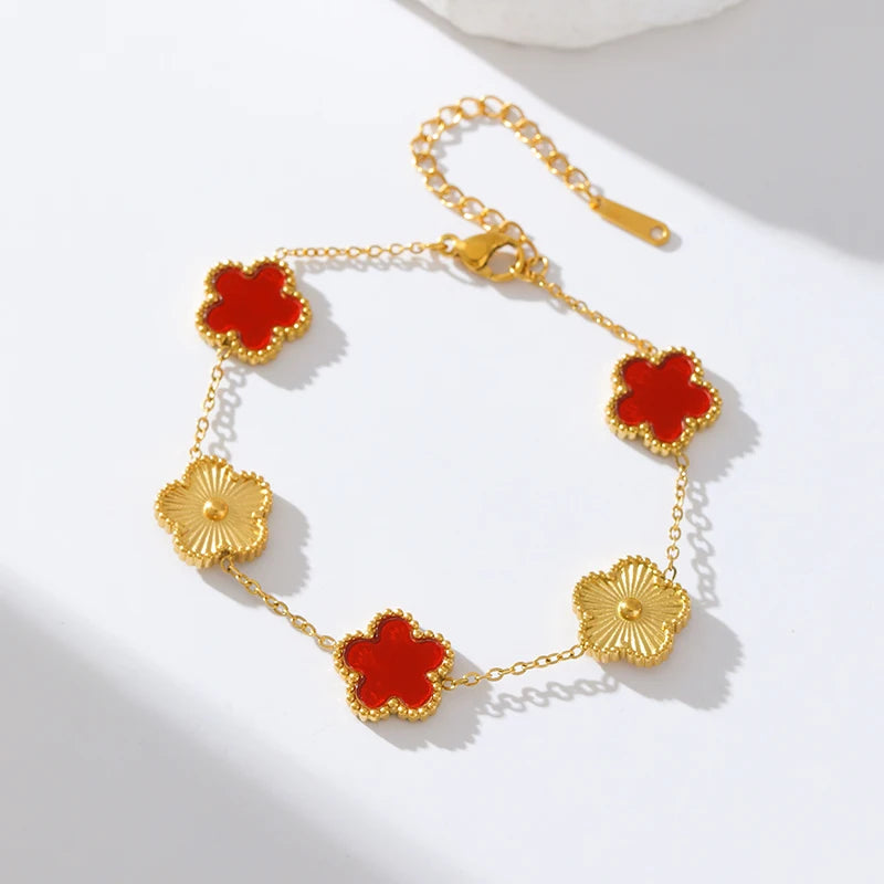 GANEMLY 316L Stainless Steel Red Plum Blossom Plant Leaf Flower Set Reversible Necklace Earrings Bracelet Women Clover Jewelry