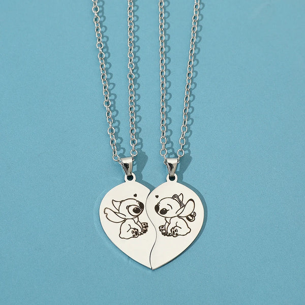 Disney Lilo and Stitch Necklace Fashion Cartoon Cute Heart-shaped Stainless Steel Pendant Couple Jewelry Accessories Gifts