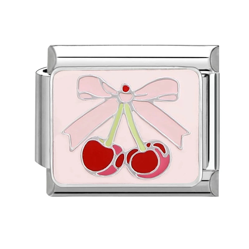 Sweet Red Cherry Bow Knot Heart Pendant Cherry Italian Charm Links Fit 9mm Stainless Steel Bracelet Women Jewelry DIY Making
