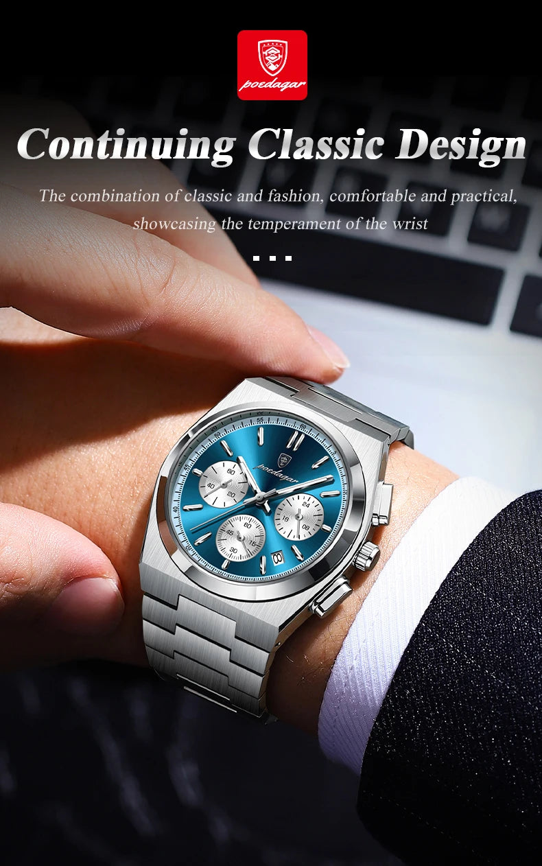 POEDAGAR Luxury Man Quartz Watch Waterproof Luminous Date Chronograph Watches For Men Stainless Steel Fashion Men's Watch Reloj
