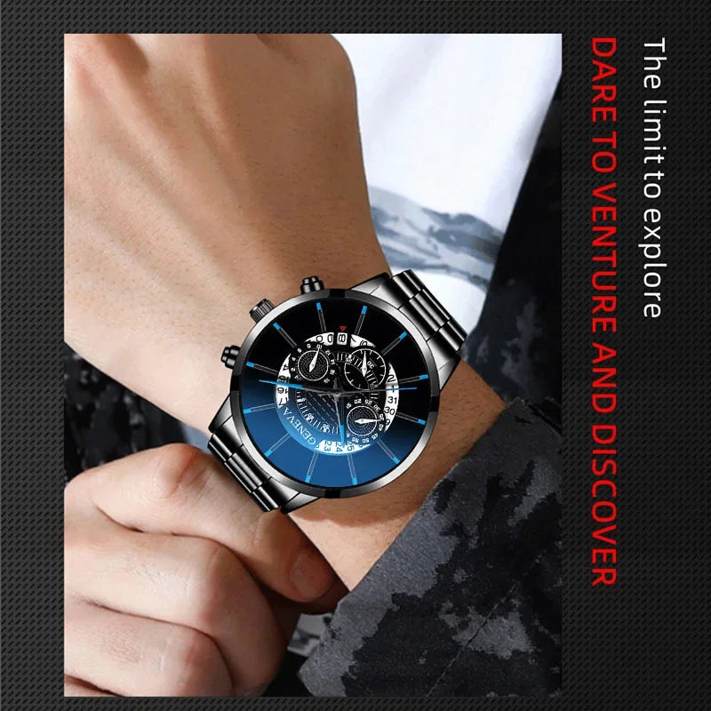 Luxury Hollow Out Men's Watches Fashion Business Calendar Blue Stainless Steel Mesh Belt Analog Quartz Watch Relogio Masculino