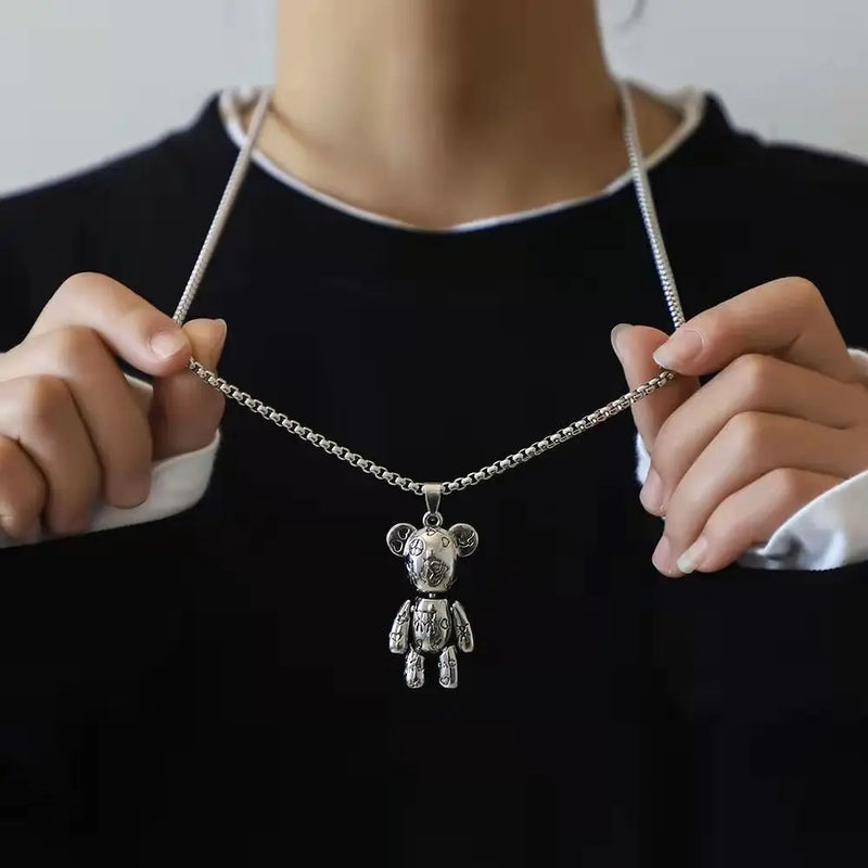 Fashion Cute Hip Hop Bear Pendant Necklace for Men & Women Punk Wind Titanium Steel Sweater Chain Jewelry Set Lovers Gift
