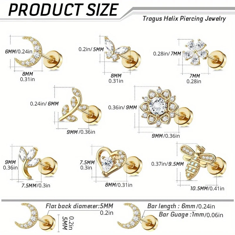 Drperfect 1 PC Earrings Stylish Safe Internally Threaded CZ Jewelry for Women and Men - Moon Heart-Shaped Bee Butterfly Designs