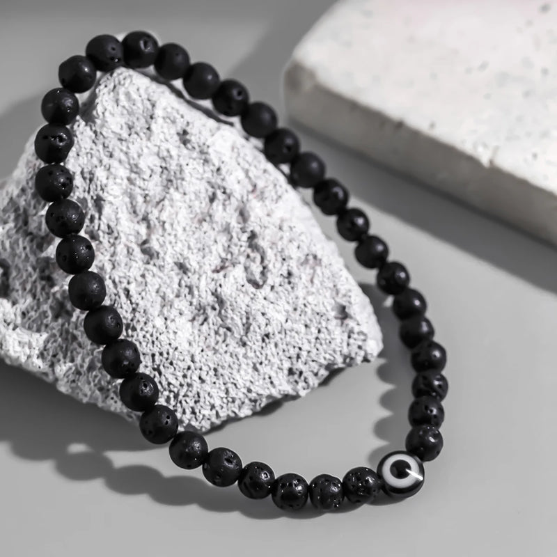 IngeSight.Z Minimalism Black Acrylic Volcanic Stone Beads Anklet for Men Elastic Beaded Male Sports Anklet Chain Beach Jewelry