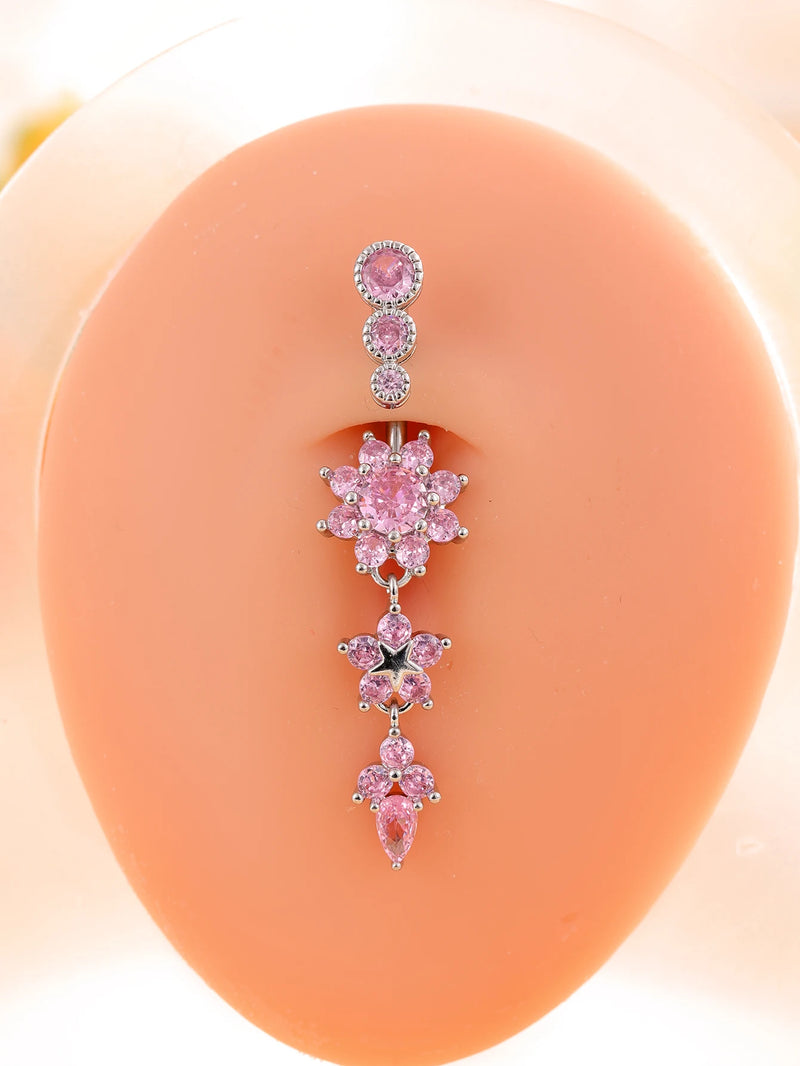 14G Stainless Steel Heart Dangled Belly Button Rings Belly Piercing Nombril for Women Girls Pink Zircon Crystal Sexy Navel Ring