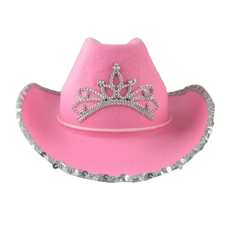 Women's Pink West Cowgirl Hat Girls Tiara Feather Felt Western Sequin Cowboy Cap Costume Party Dress Jazz Caps Cosplay Props