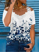 Summer Sexy Lace Short Sleeve Off Shoulder V-Neck Women T-Shirts Ladies Floral Print Street Tops Female Casual Loose T-Shirt