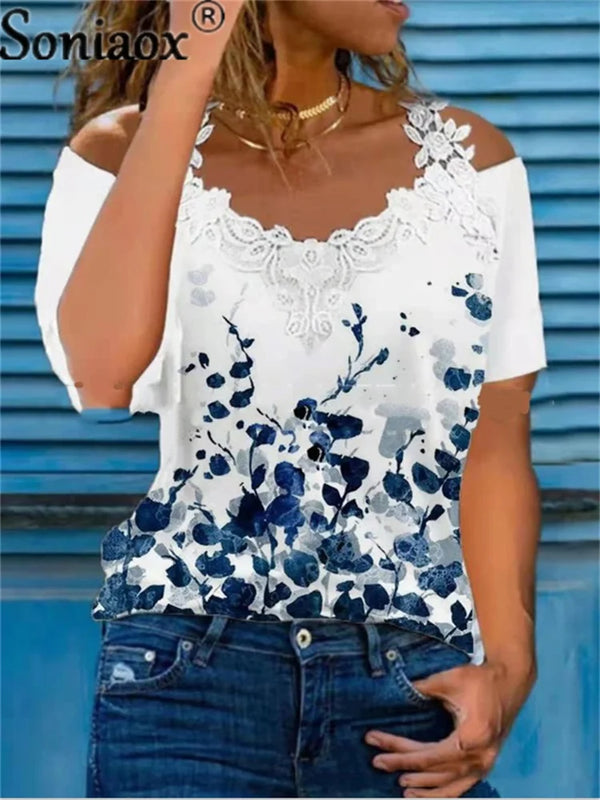 Summer Sexy Lace Short Sleeve Off Shoulder V-Neck Women T-Shirts Ladies Floral Print Street Tops Female Casual Loose T-Shirt