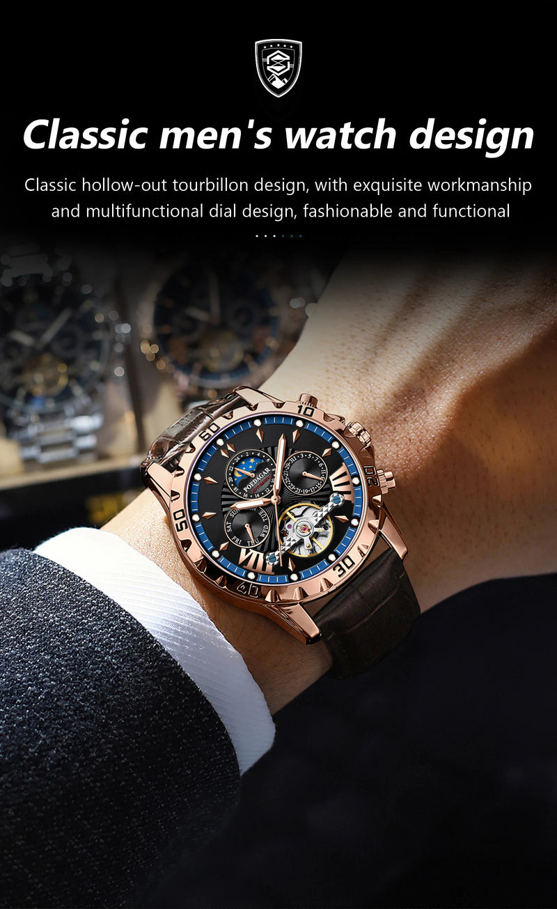 POEDAGAR Tourbillon Automatic Mechanical Wristwatch Waterproof Luminous Date Week Leather Men Watch Luxury Fashion Men's Watches