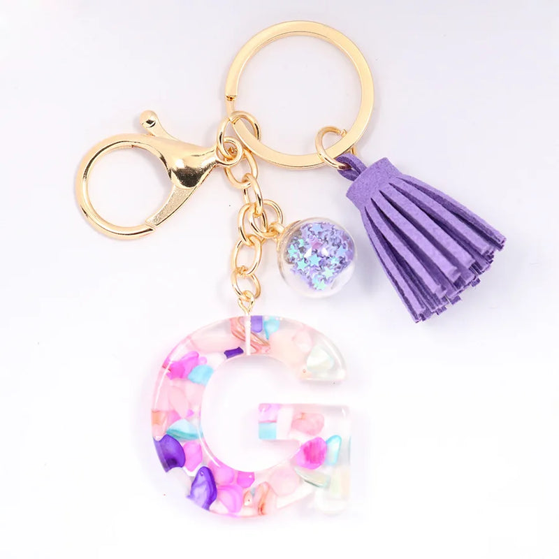 Women ew Crystal Epoxy Tassel Keychain Pendant Girl Heart English Capital Letter Stone Key K5158